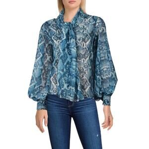 N by Nancy Womens‎ Chic Blue Snake Print Balloon Sleeves Sheer Blouse Neck Tie M